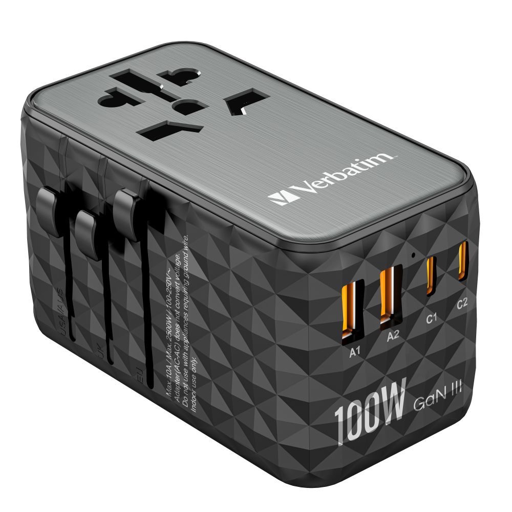 Verbatim GaN III Universal Travel Adapter UTA-06  with 2 x USB-C PD & QC 4+ & 2 x USB-A QC 3.0 ports