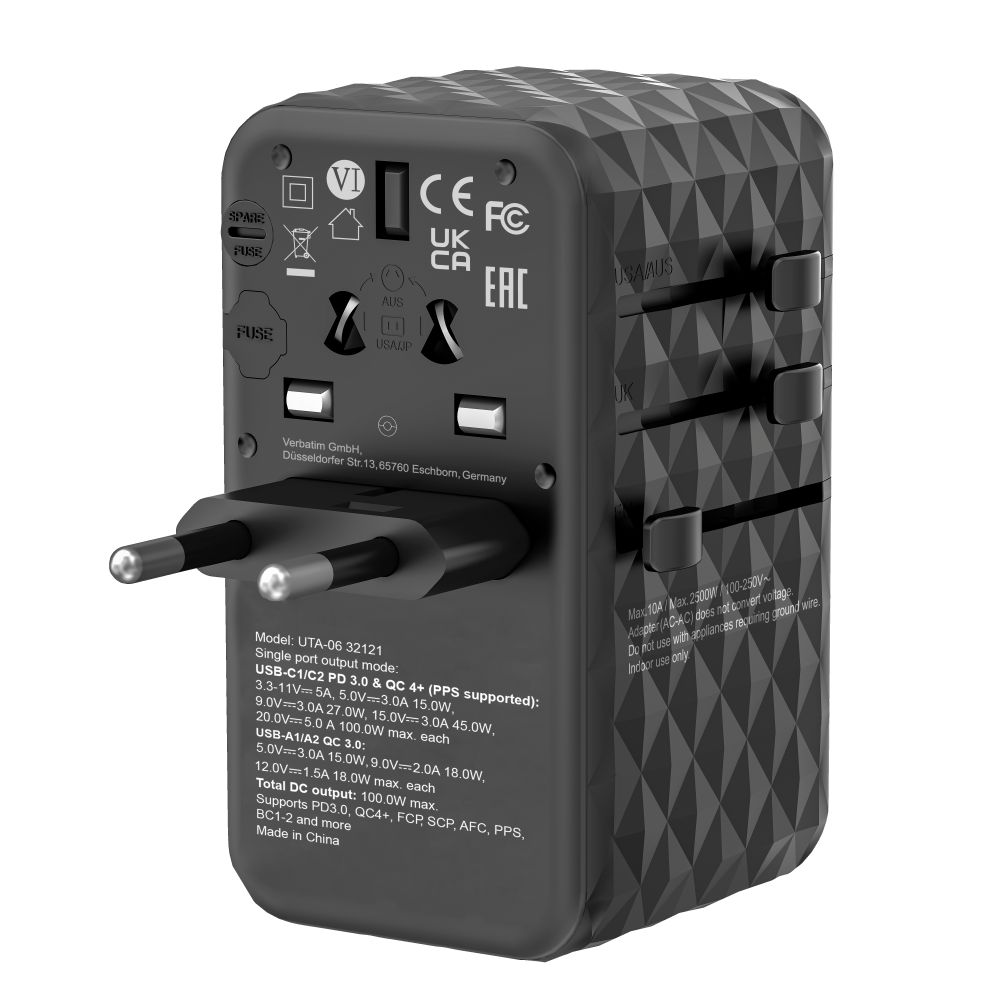 Verbatim GaN III Universal Travel Adapter UTA-06  with 2 x USB-C PD & QC 4+ & 2 x USB-A QC 3.0 ports