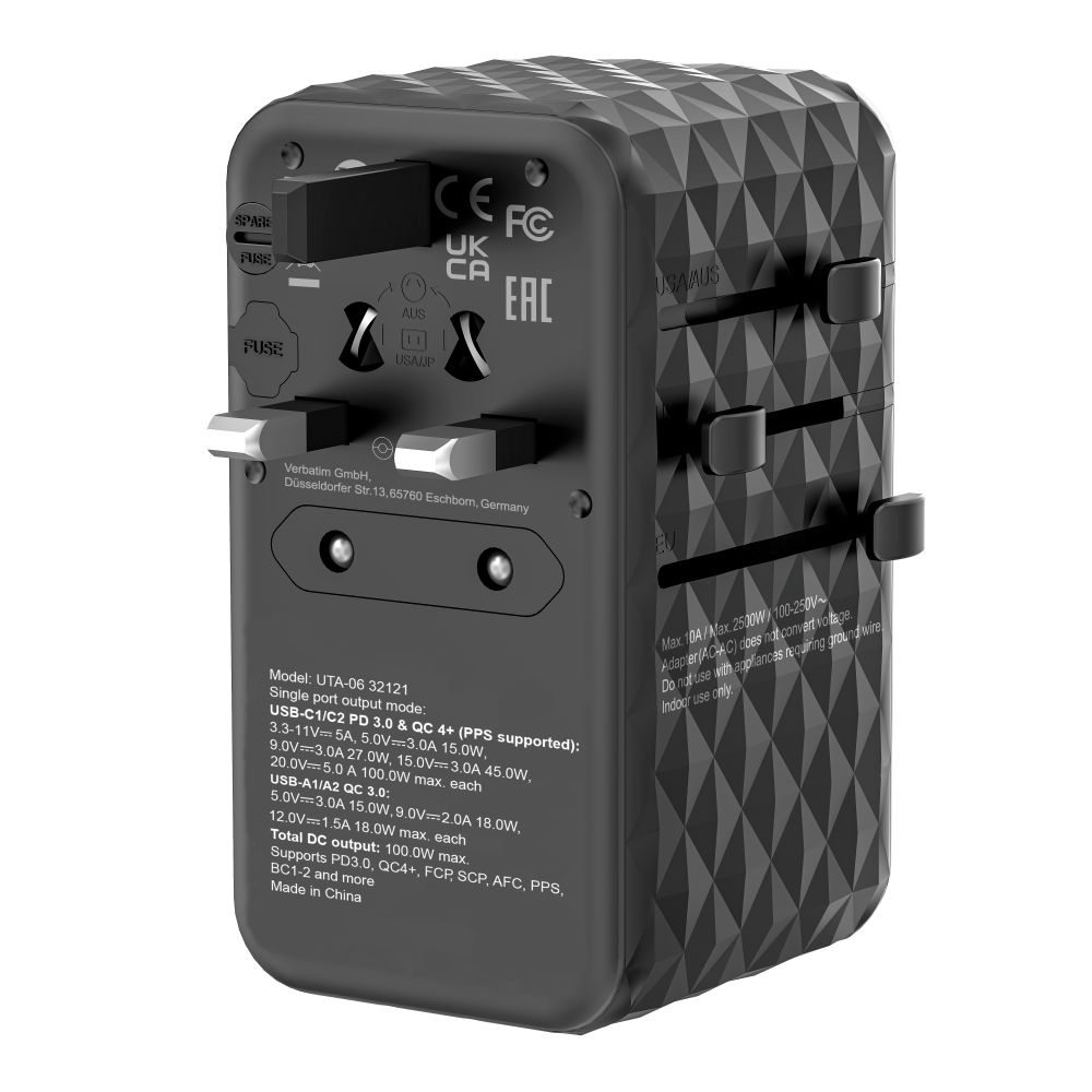 Verbatim GaN III Universal Travel Adapter UTA-06  with 2 x USB-C PD & QC 4+ & 2 x USB-A QC 3.0 ports