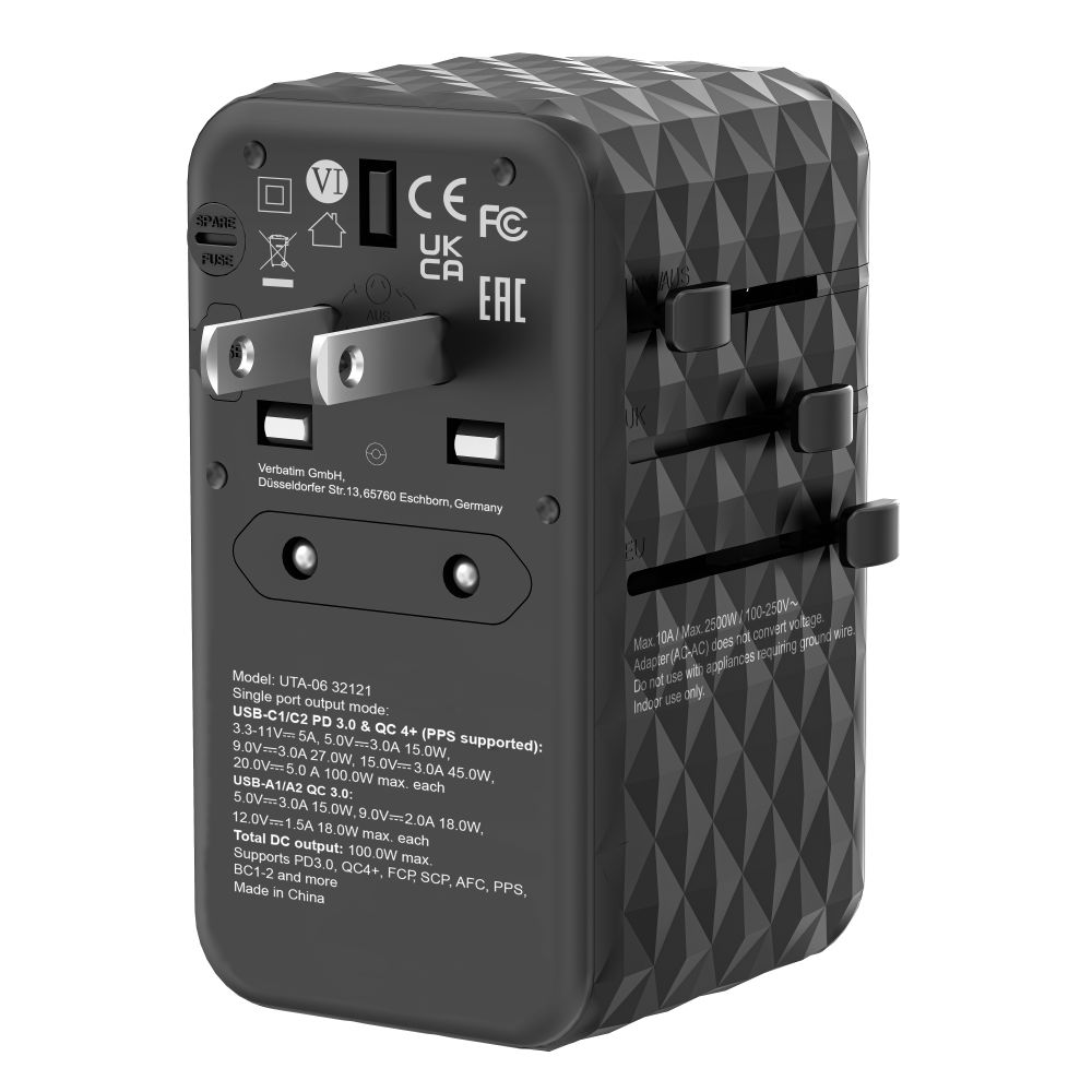 Verbatim GaN III Universal Travel Adapter UTA-06  with 2 x USB-C PD & QC 4+ & 2 x USB-A QC 3.0 ports