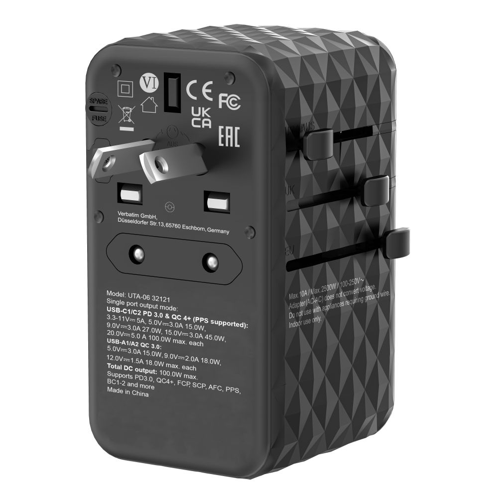 Verbatim GaN III Universal Travel Adapter UTA-06  with 2 x USB-C PD & QC 4+ & 2 x USB-A QC 3.0 ports