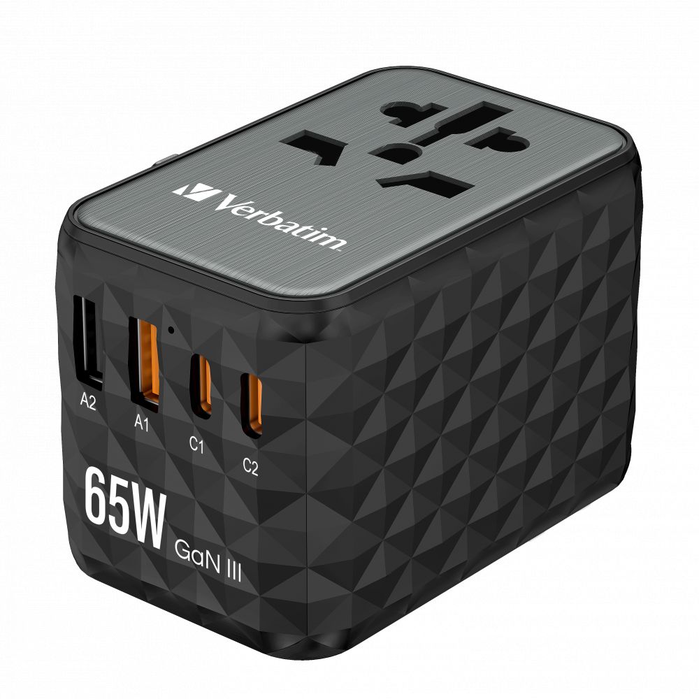 Verbatim GaN III Universal Travel Adapter UTA-05 with 2 x USB-C PD & QC 4+ & 2 x USB-A ports