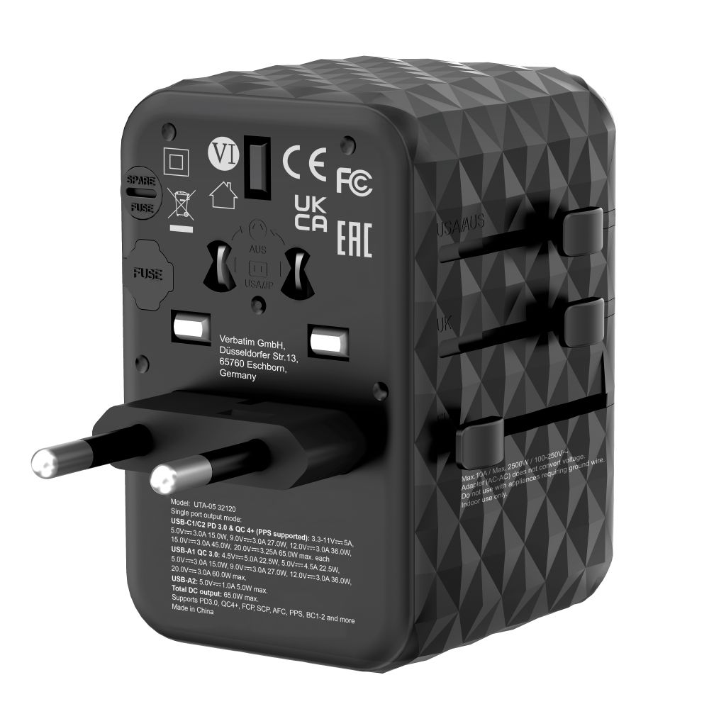 Verbatim GaN III Universal Travel Adapter UTA-05 with 2 x USB-C PD & QC 4+ & 2 x USB-A ports