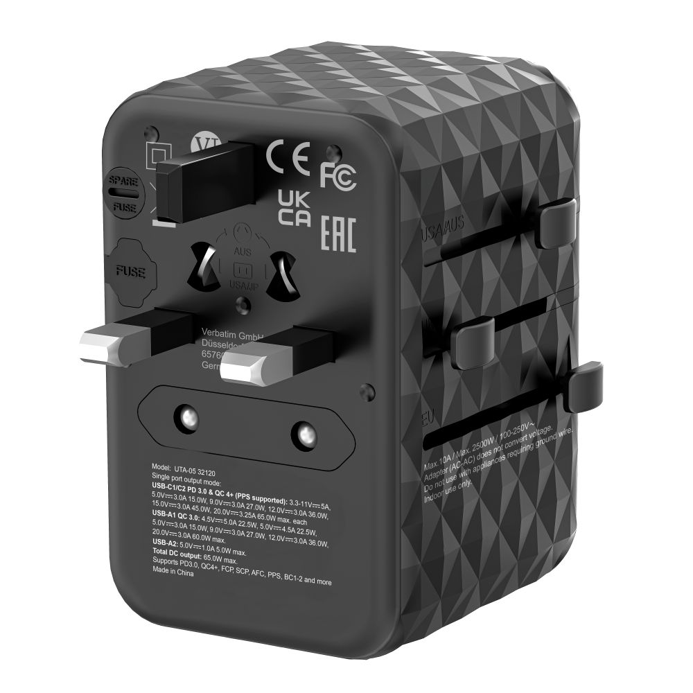 Verbatim GaN III Universal Travel Adapter UTA-05 with 2 x USB-C PD & QC 4+ & 2 x USB-A ports