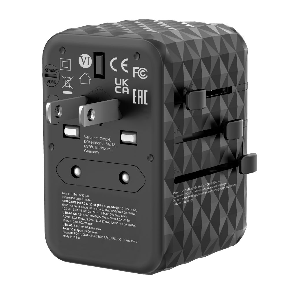 Verbatim GaN III Universal Travel Adapter UTA-05 with 2 x USB-C PD & QC 4+ & 2 x USB-A ports
