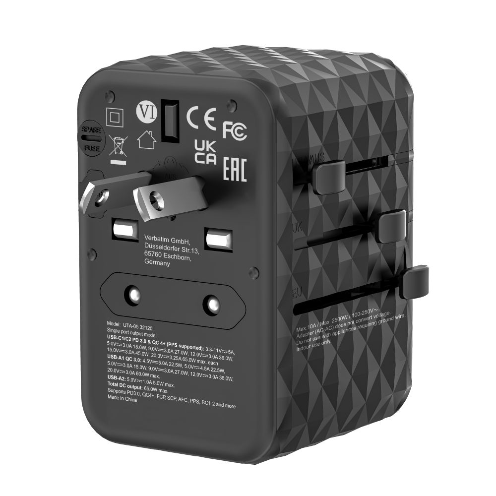 Verbatim GaN III Universal Travel Adapter UTA-05 with 2 x USB-C PD & QC 4+ & 2 x USB-A ports