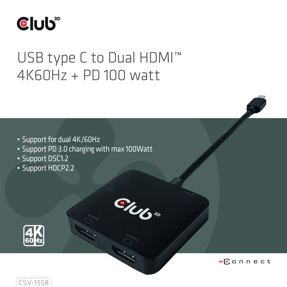 Club3D Club3D MST-Hub USB 3.2 Typ C > 2x HDMI 4K60Hz +100W PD St/Bu retail