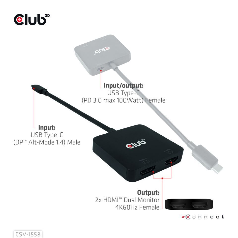 Club3D Club3D MST-Hub USB 3.2 Typ C > 2x HDMI 4K60Hz +100W PD St/Bu retail