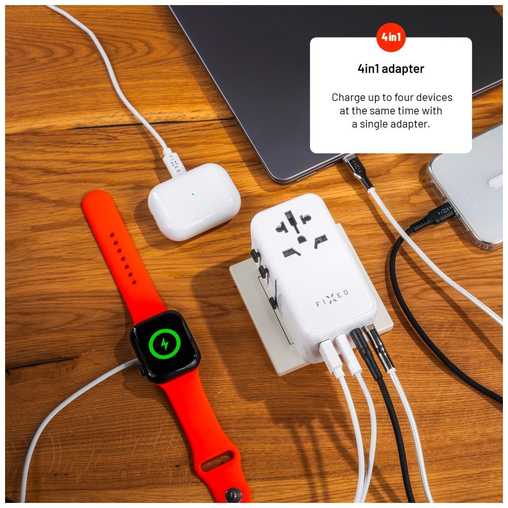 FIXED Voyager utazó adapter 3xUSB-C/1xUSB GaN 120W, fehér