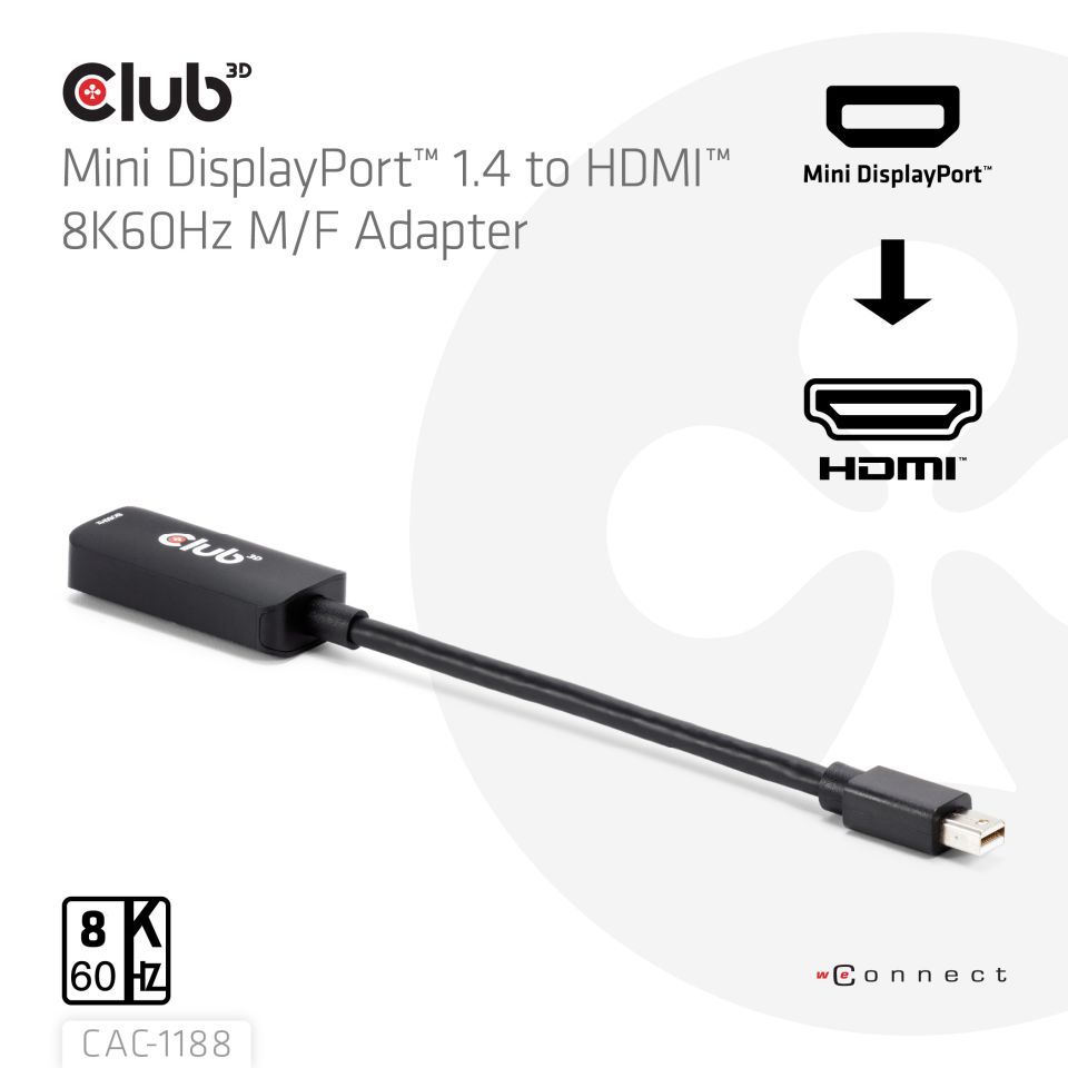 Club3D Mini DisplayPort 1.4 to HDMI 8K60Hz M/F Adapter Black