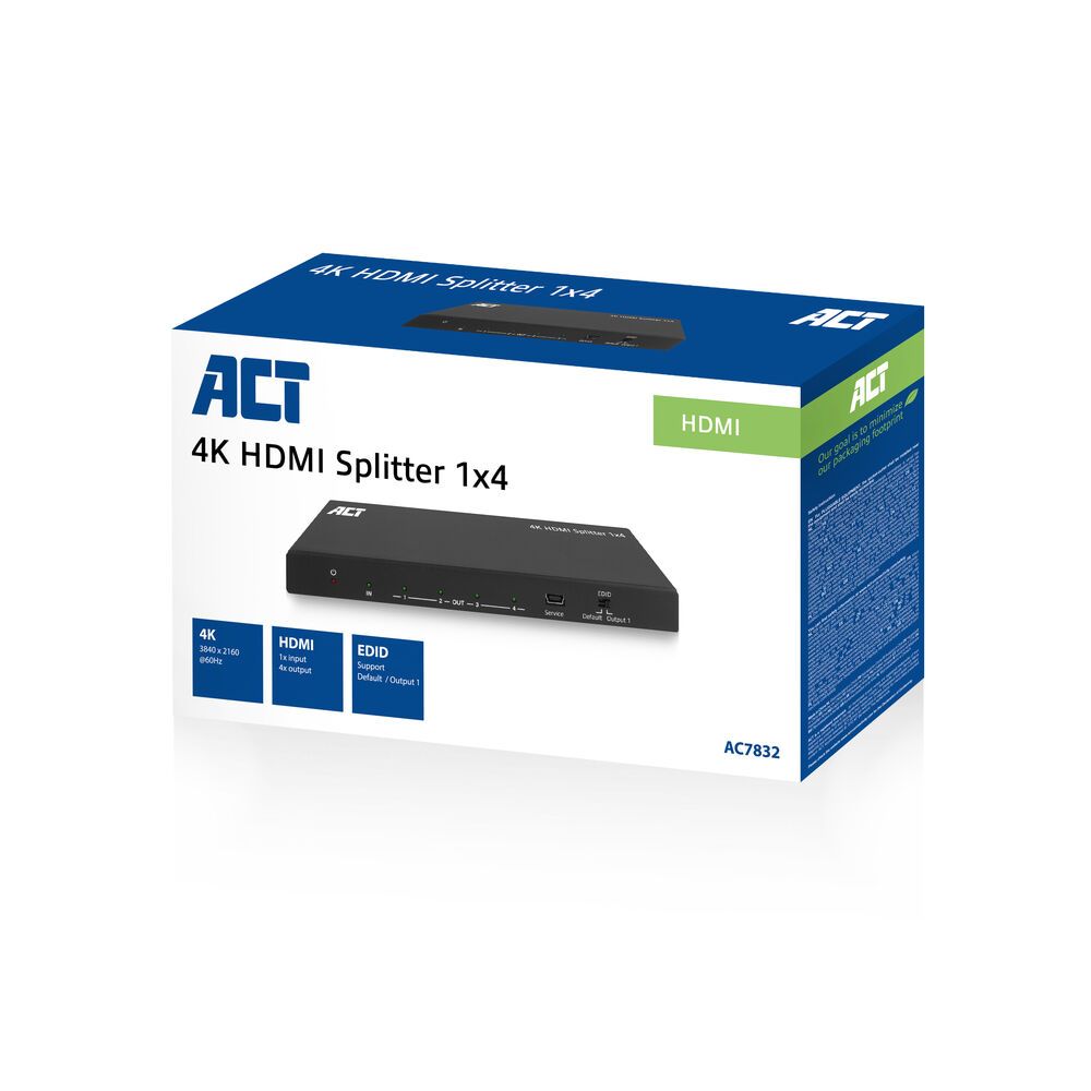ACT AC7832 4K HDMI Splitter 1 in 4 out EDID support Black