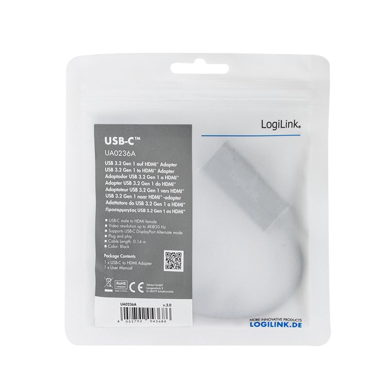 Logilink USB Type-C adapter C/M to HDMI-A/F 4K/30 Hz 0,15m Black