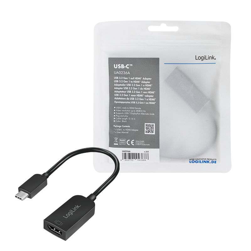 Logilink USB Type-C adapter C/M to HDMI-A/F 4K/30 Hz 0,15m Black