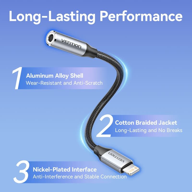 Vention Cotton Braided Lightning Male to 3,5mm Earphone Jack Adapter Aluminum Alloy Type