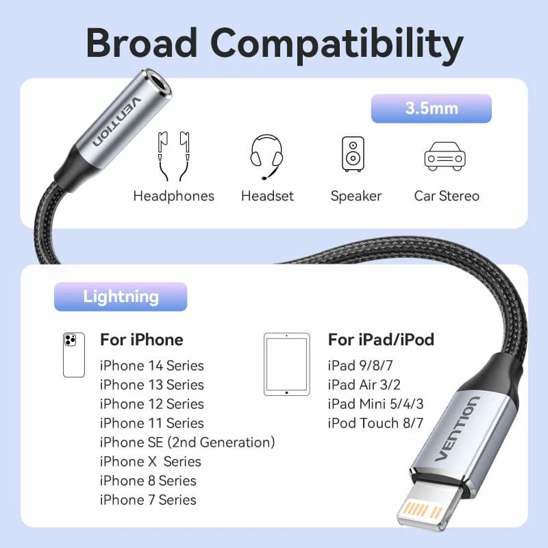 Vention Cotton Braided Lightning Male to 3,5mm Earphone Jack Adapter Aluminum Alloy Type