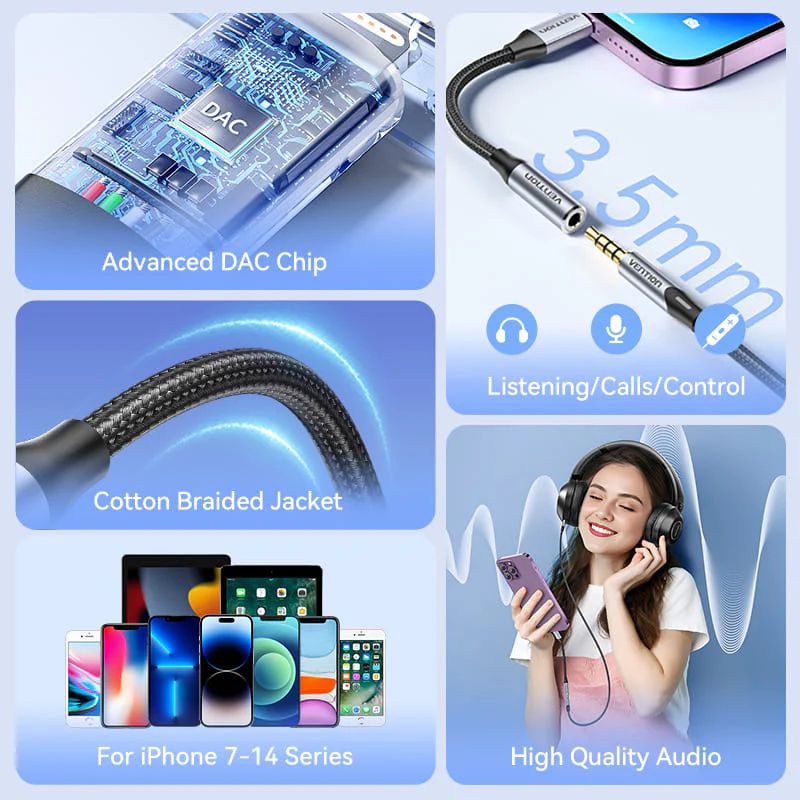 Vention Cotton Braided Lightning Male to 3,5mm Earphone Jack Adapter Aluminum Alloy Type