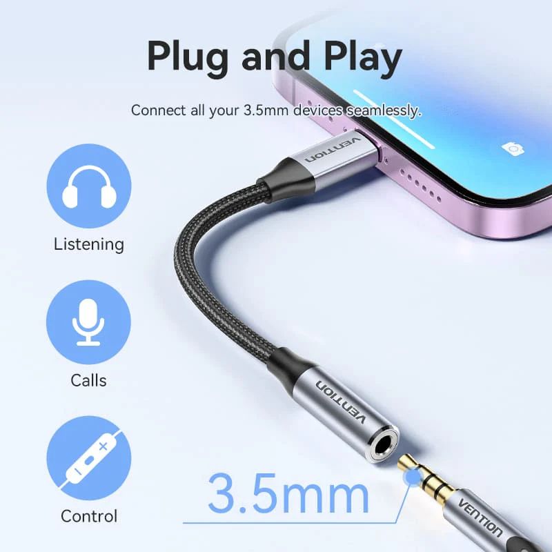 Vention Cotton Braided Lightning Male to 3,5mm Earphone Jack Adapter Aluminum Alloy Type