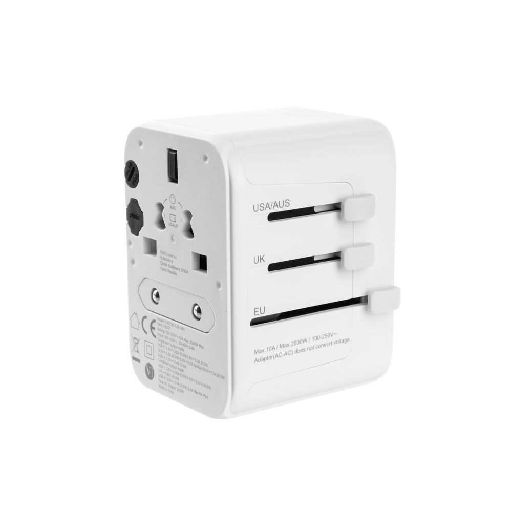 FIXED Utazóadapter EU, UK és USA/AUS számára, 1xUSB-C és 2xUSB kimenettel, GaN PD 30W, fehér