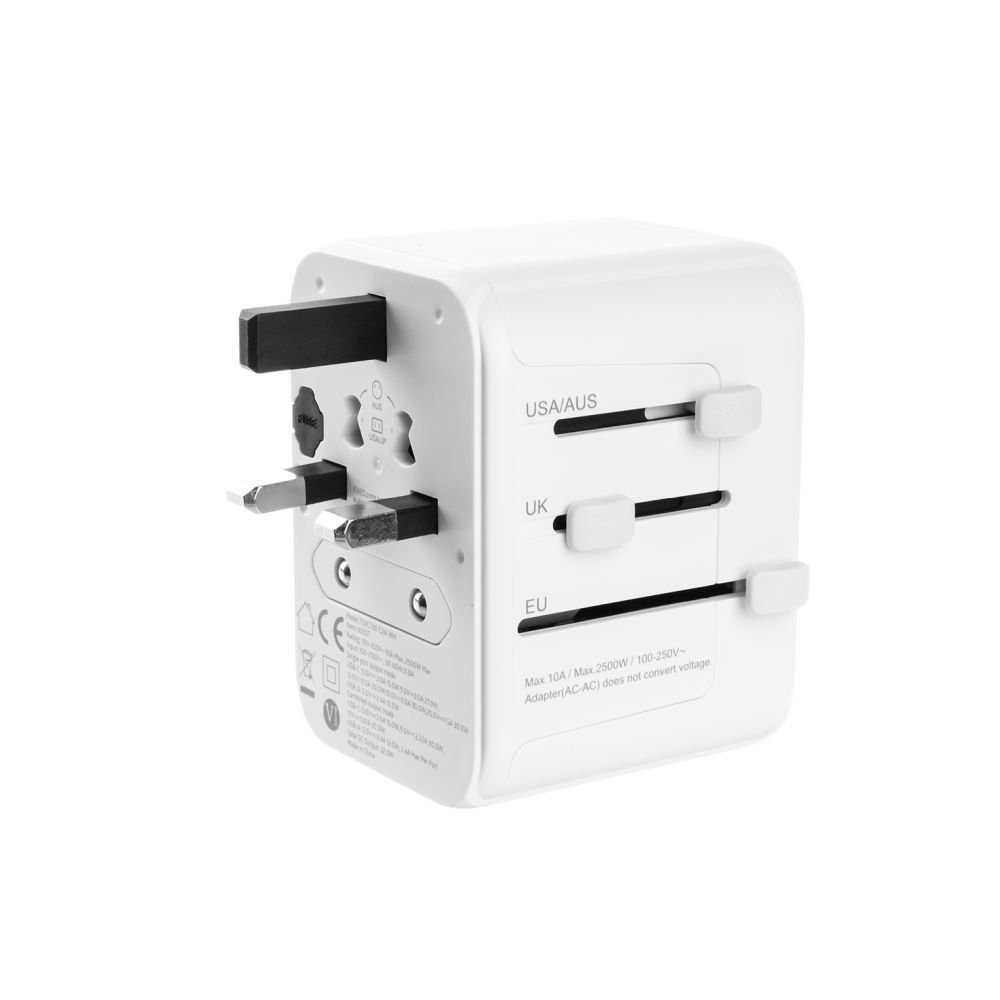 FIXED Utazóadapter EU, UK és USA/AUS számára, 1xUSB-C és 2xUSB kimenettel, GaN PD 30W, fehér