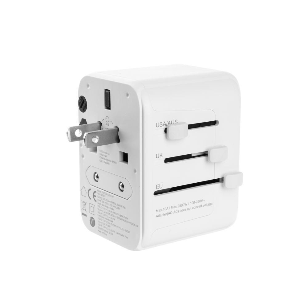 FIXED Utazóadapter EU, UK és USA/AUS számára, 1xUSB-C és 2xUSB kimenettel, GaN PD 30W, fehér