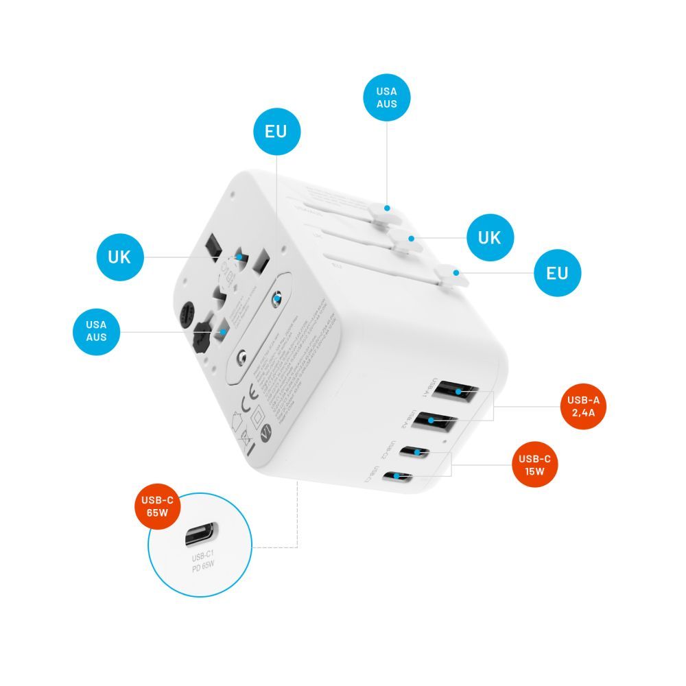 FIXED Utazóadapter EU, UK és USA/AUS számára 3xUSB-C és 2xUSB kimenettel, GaN PD 65W, fehér