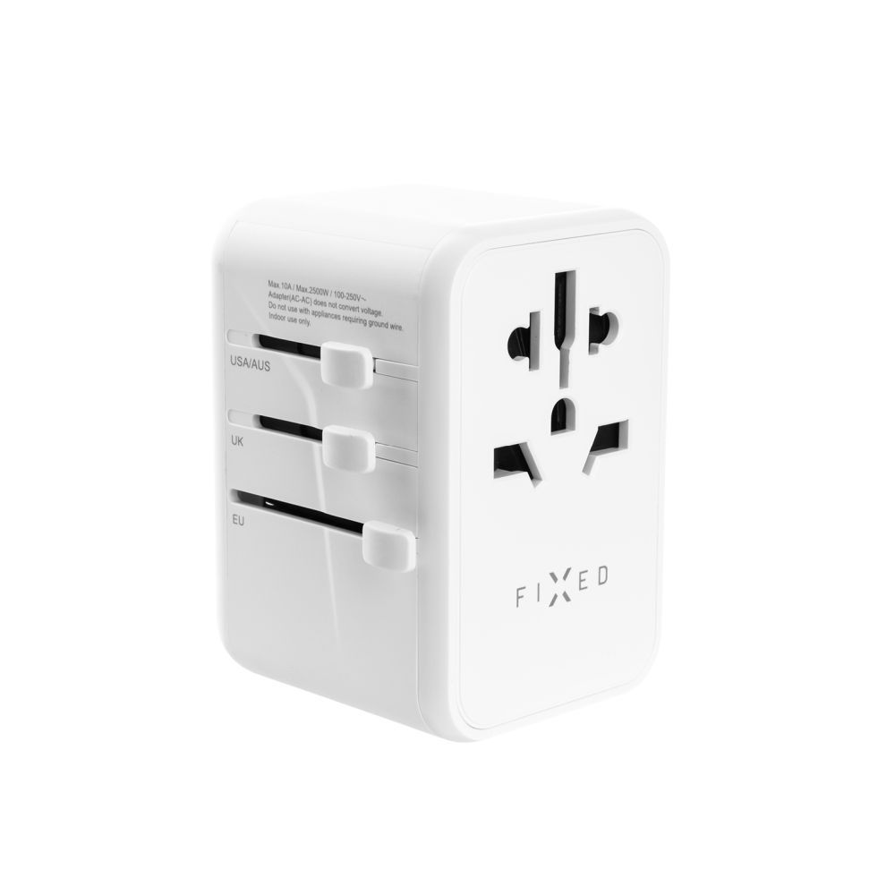FIXED Utazóadapter EU, UK és USA/AUS számára 3xUSB-C és 2xUSB kimenettel, GaN PD 65W, fehér