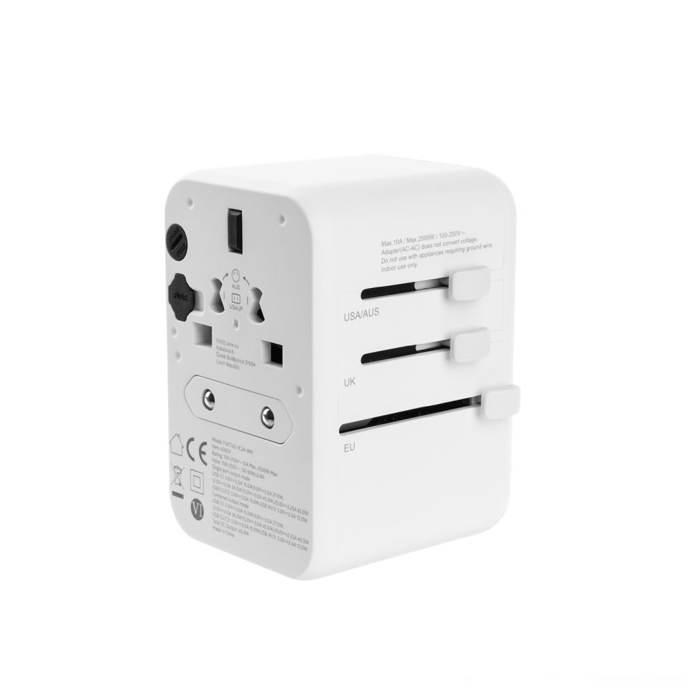 FIXED Utazóadapter EU, UK és USA/AUS számára 3xUSB-C és 2xUSB kimenettel, GaN PD 65W, fehér
