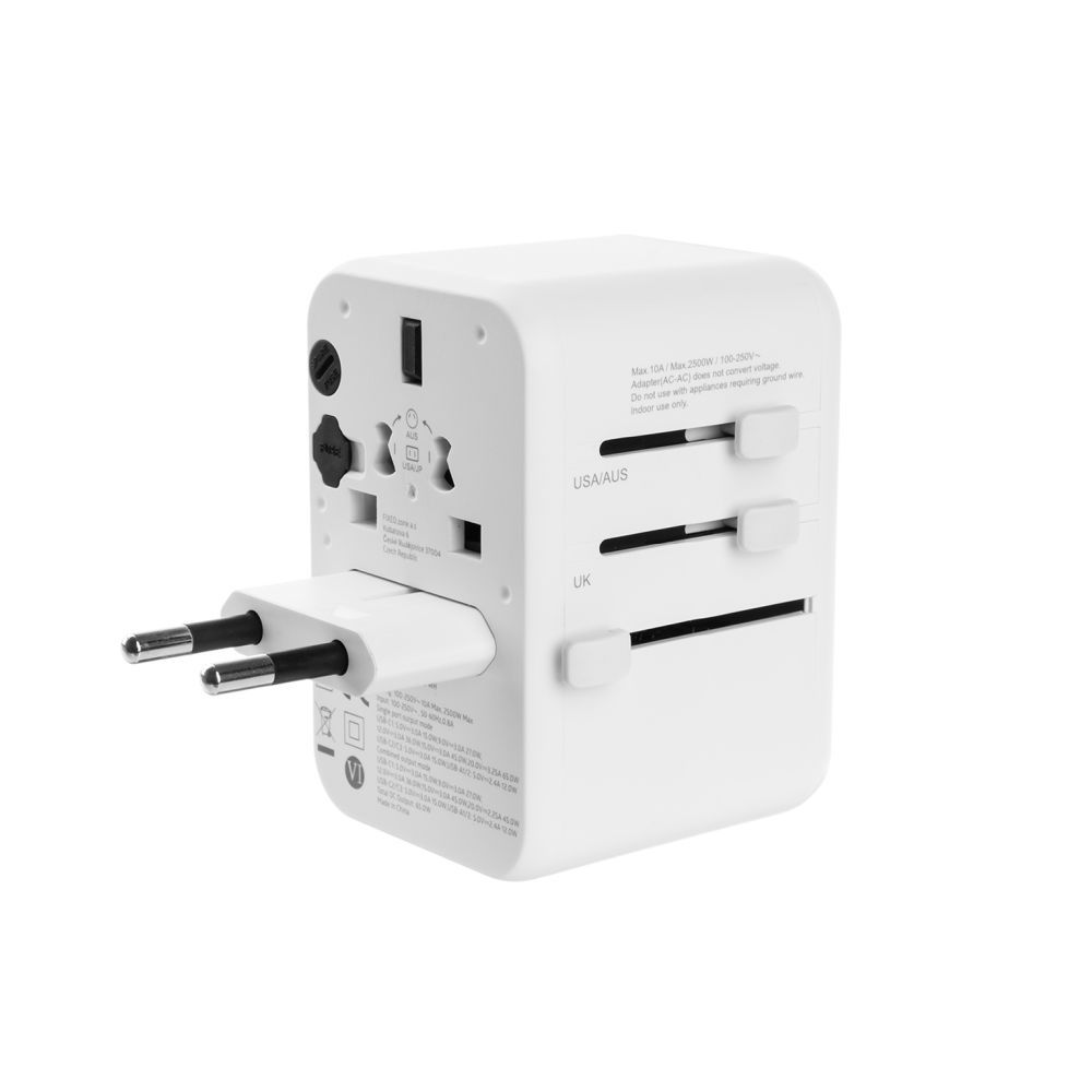 FIXED Utazóadapter EU, UK és USA/AUS számára 3xUSB-C és 2xUSB kimenettel, GaN PD 65W, fehér