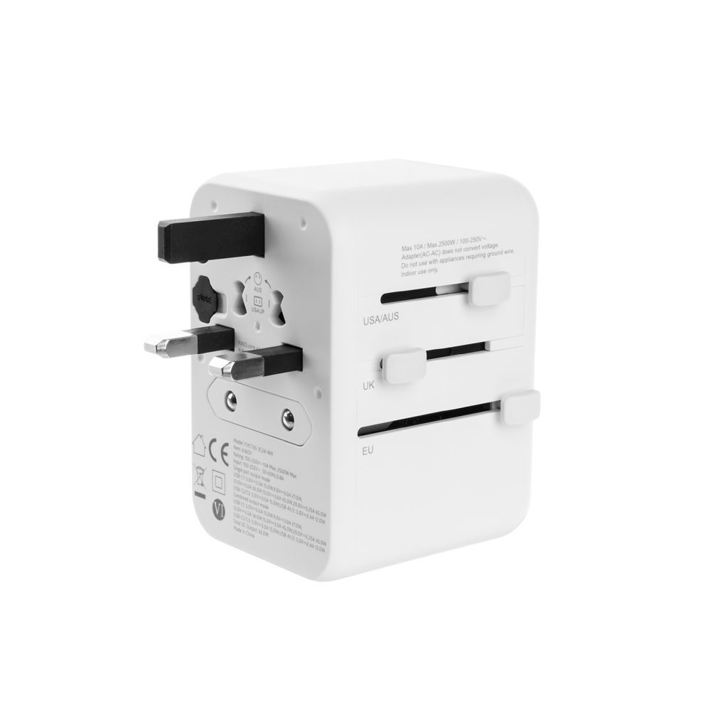 FIXED Utazóadapter EU, UK és USA/AUS számára 3xUSB-C és 2xUSB kimenettel, GaN PD 65W, fehér