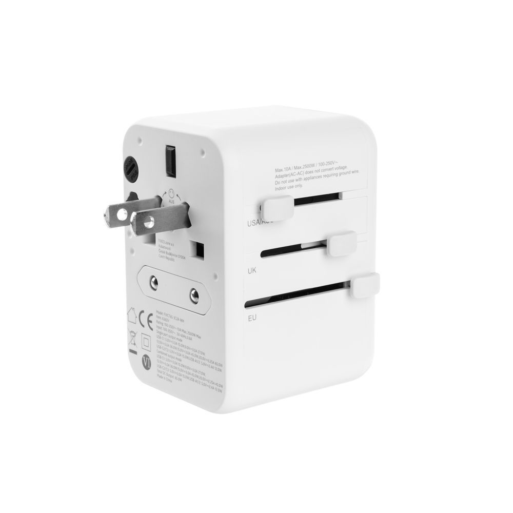 FIXED Utazóadapter EU, UK és USA/AUS számára 3xUSB-C és 2xUSB kimenettel, GaN PD 65W, fehér