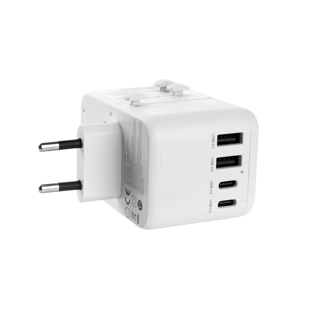 FIXED Utazóadapter EU, UK és USA/AUS számára 3xUSB-C és 2xUSB kimenettel, GaN PD 65W, fehér