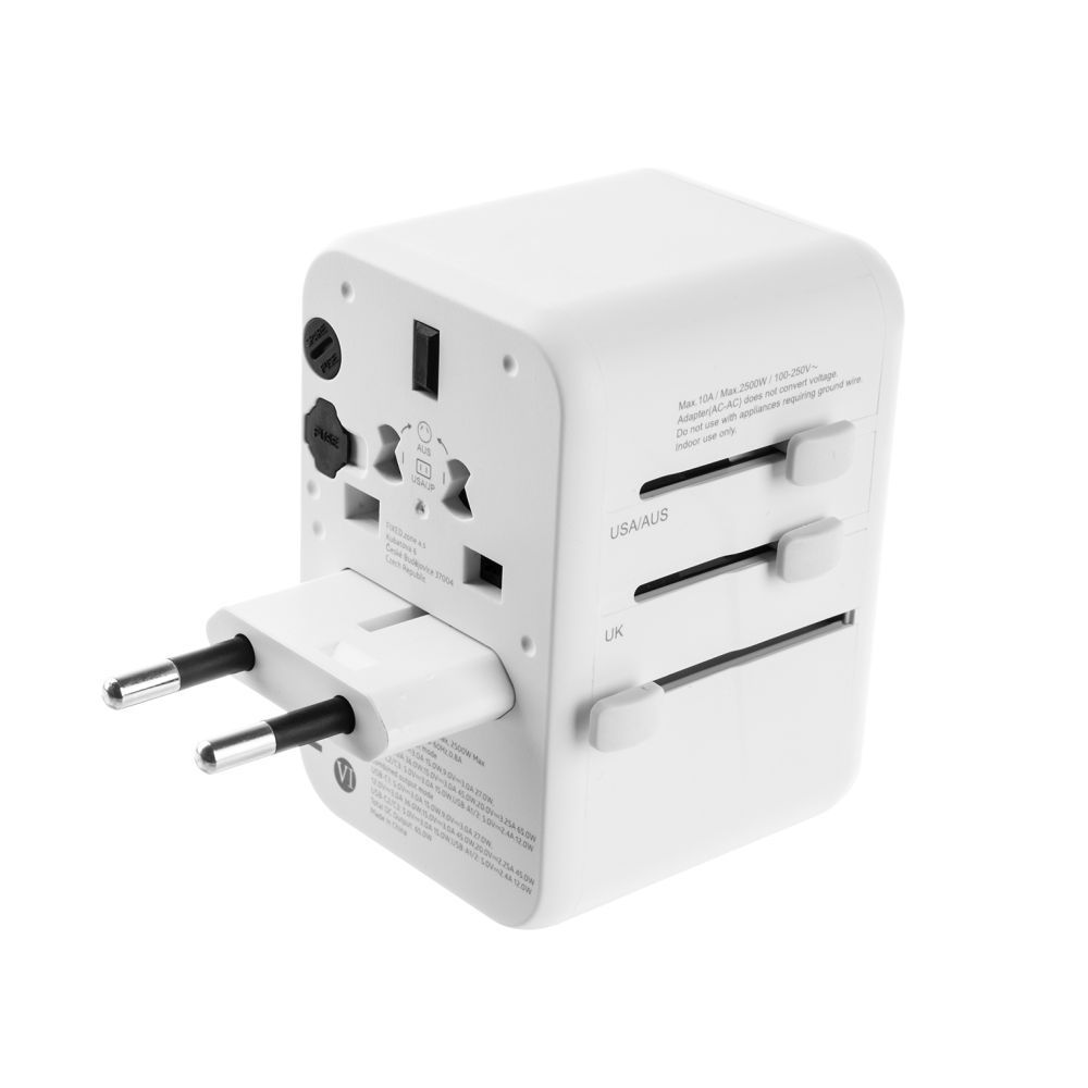 FIXED Utazóadapter EU, UK és USA/AUS számára 3xUSB-C és 2xUSB kimenettel, GaN PD 65W, fehér