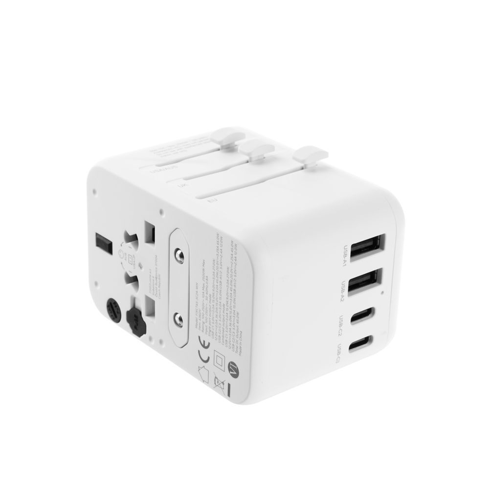 FIXED Utazóadapter EU, UK és USA/AUS számára 3xUSB-C és 2xUSB kimenettel, GaN PD 65W, fehér