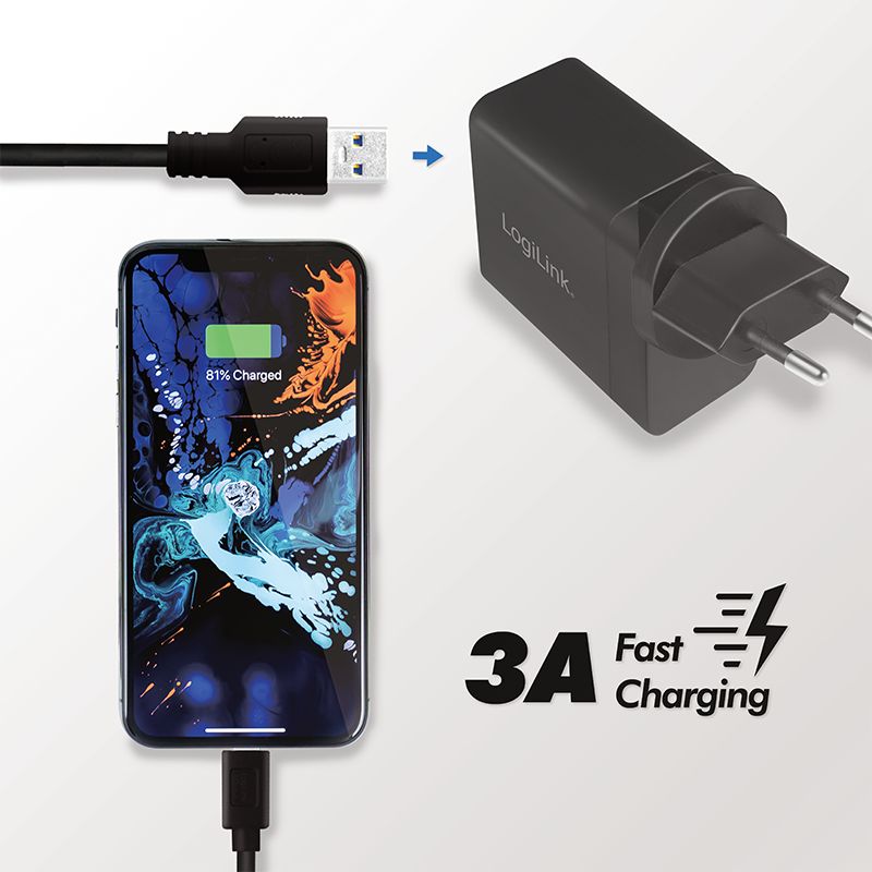 Logilink USB socket travel adapter for QC 3 18W Black