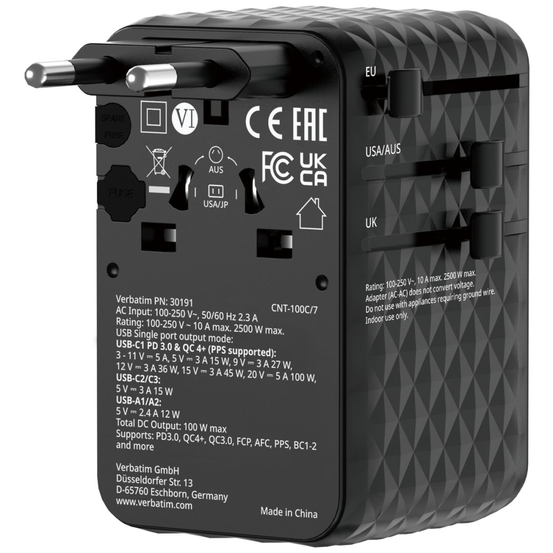 Verbatim Charge 'n' Travel 100W GaN III Universal Travel Adapter with Retractable USB-C Cable Black
