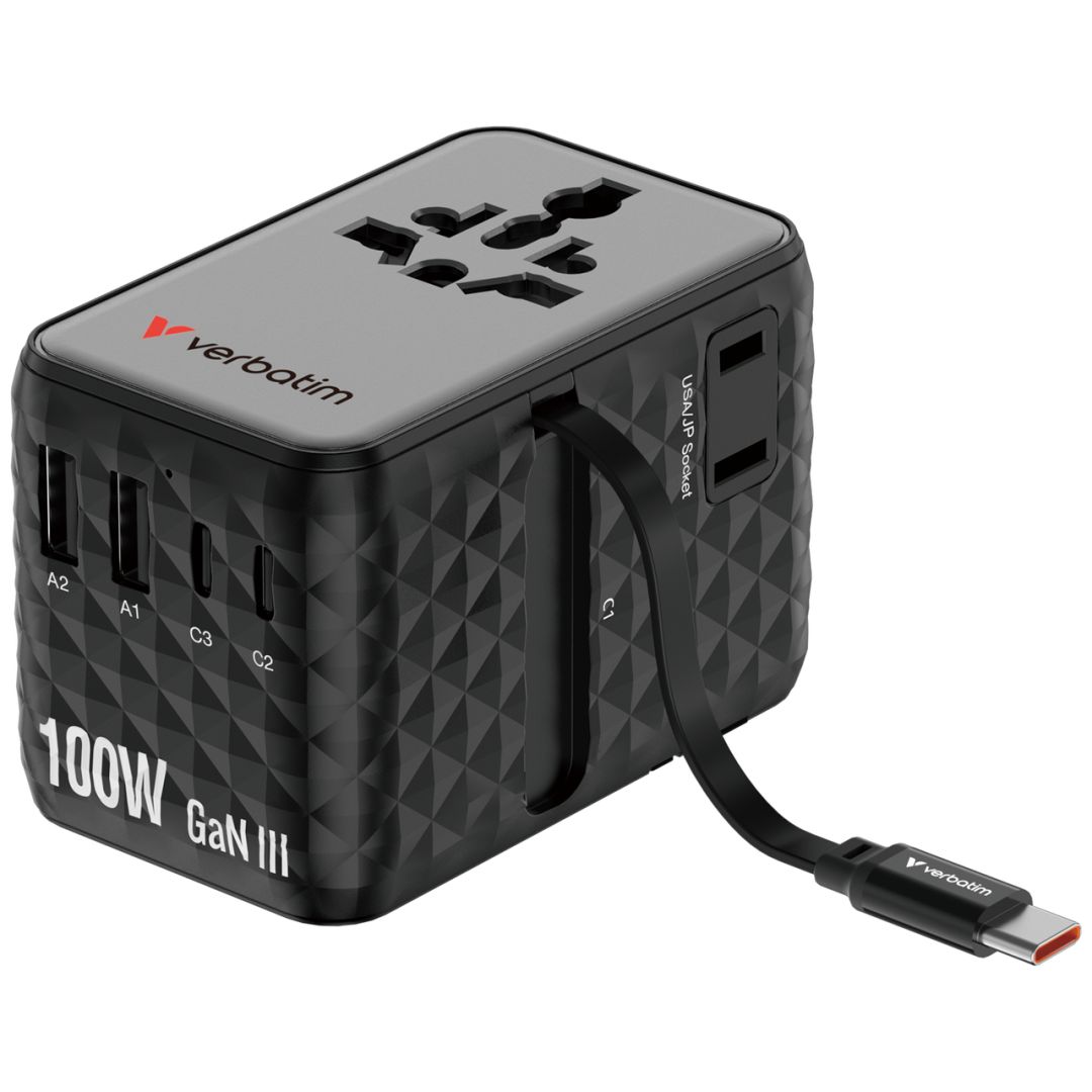 Verbatim Charge 'n' Travel 100W GaN III Universal Travel Adapter with Retractable USB-C Cable Black