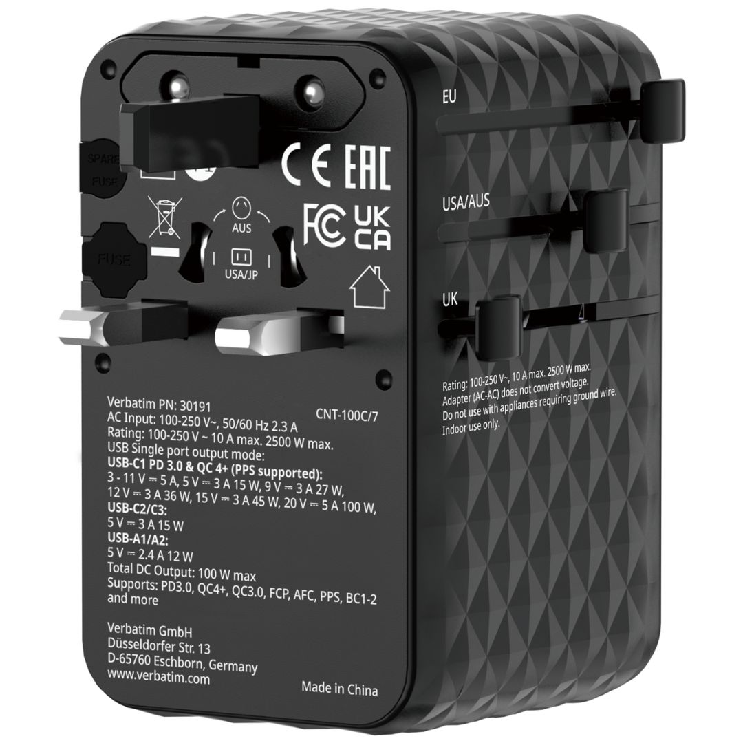 Verbatim Charge 'n' Travel 100W GaN III Universal Travel Adapter with Retractable USB-C Cable Black