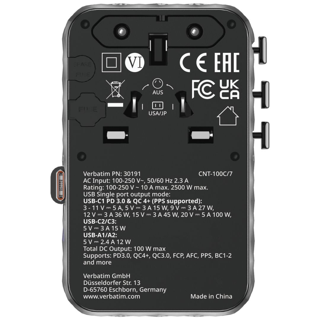 Verbatim Charge 'n' Travel 100W GaN III Universal Travel Adapter with Retractable USB-C Cable Black