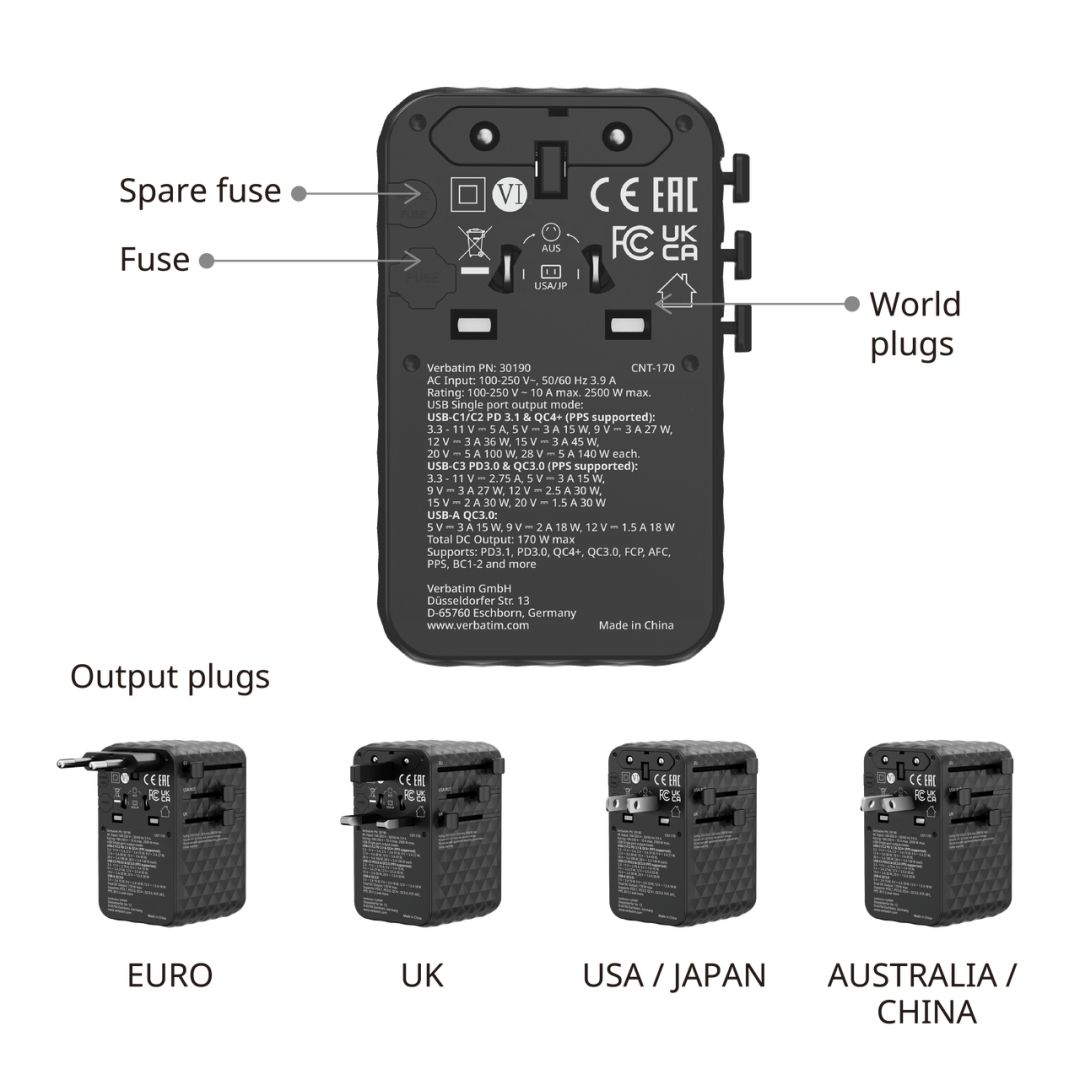 Verbatim Charge 'n' Travel 170W GaN III Universal Travel Adapter