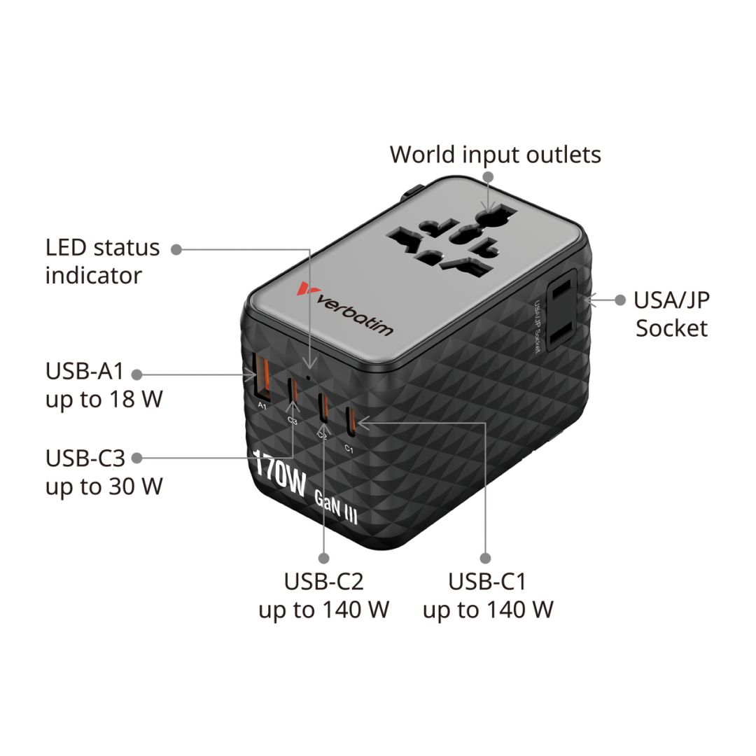 Verbatim Charge 'n' Travel 170W GaN III Universal Travel Adapter