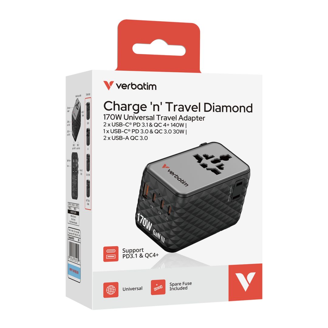 Verbatim Charge 'n' Travel 170W GaN III Universal Travel Adapter