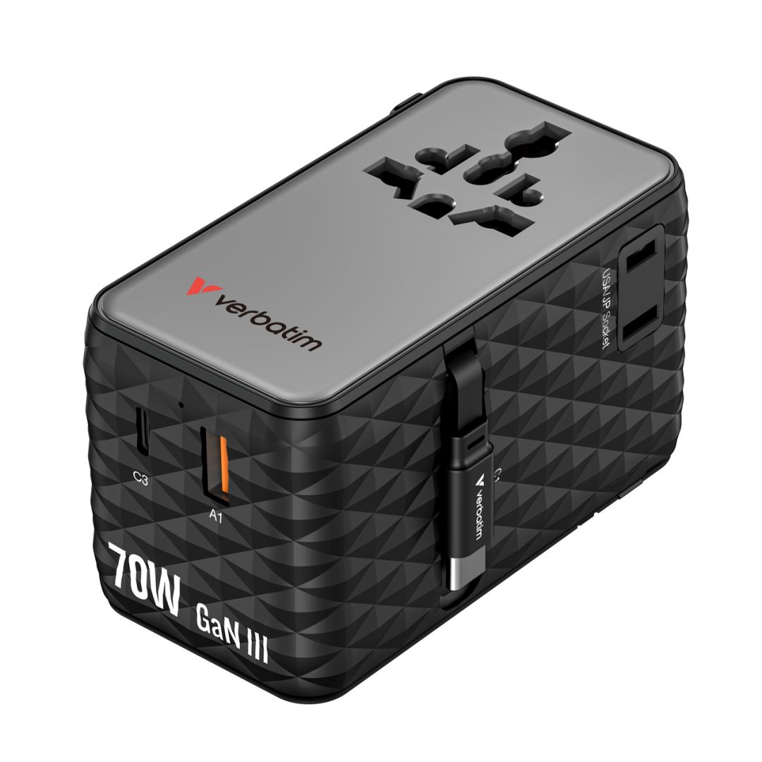 Verbatim Charge ''n'' Travel 70W GaN III Universal Travel Adapter with 2 Retractable USB-C Cables Black