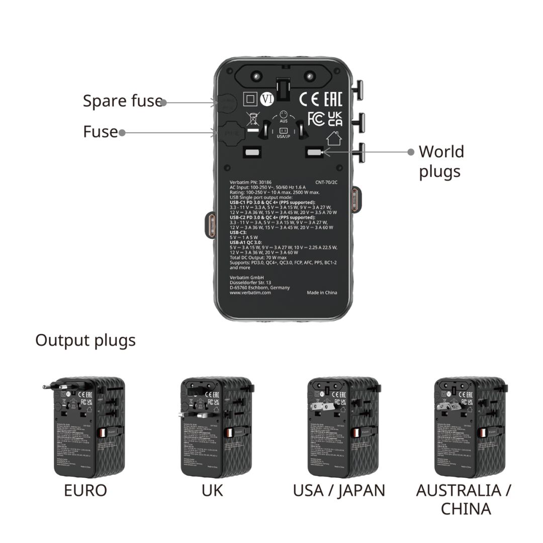 Verbatim Charge ''n'' Travel 70W GaN III Universal Travel Adapter with 2 Retractable USB-C Cables Black