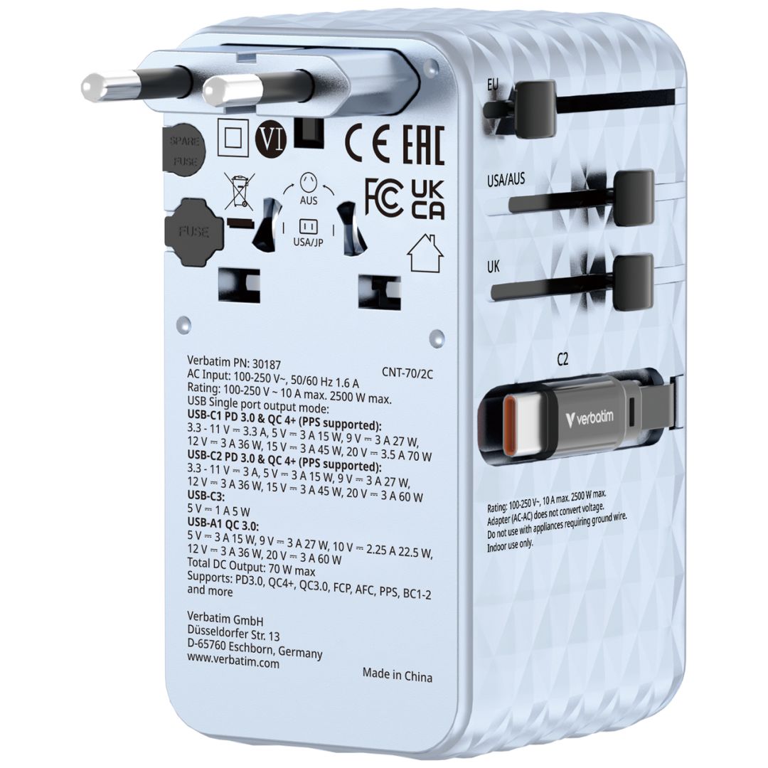 Verbatim Charge ''n'' Travel 70W GaN III Universal Travel Adapter with 2 Retractable USB-C Cables Blue