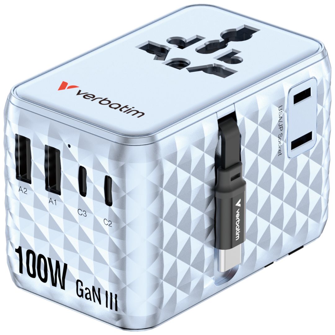 Verbatim Charge ''n'' Travel 100W GaN III Universal Travel Adapter with Retractable USB-C Cable Blue