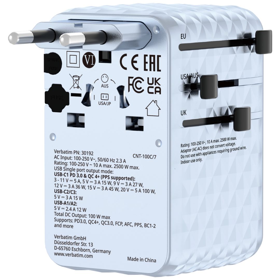 Verbatim Charge ''n'' Travel 100W GaN III Universal Travel Adapter with Retractable USB-C Cable Blue