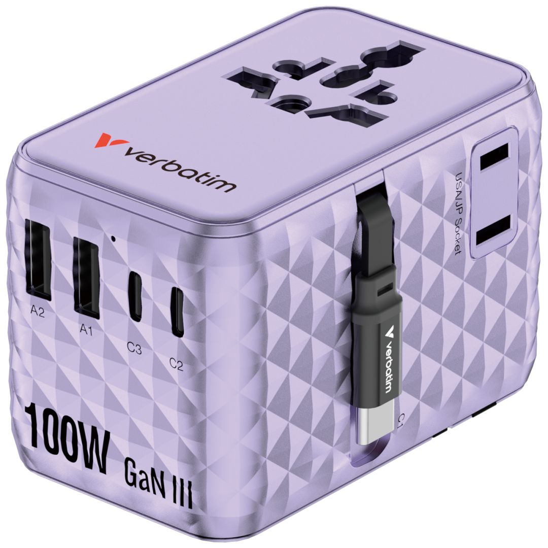 Verbatim Charge ''n'' Travel 100W GaN III Universal Travel Adapter with Retractable USB-C Cable Purple