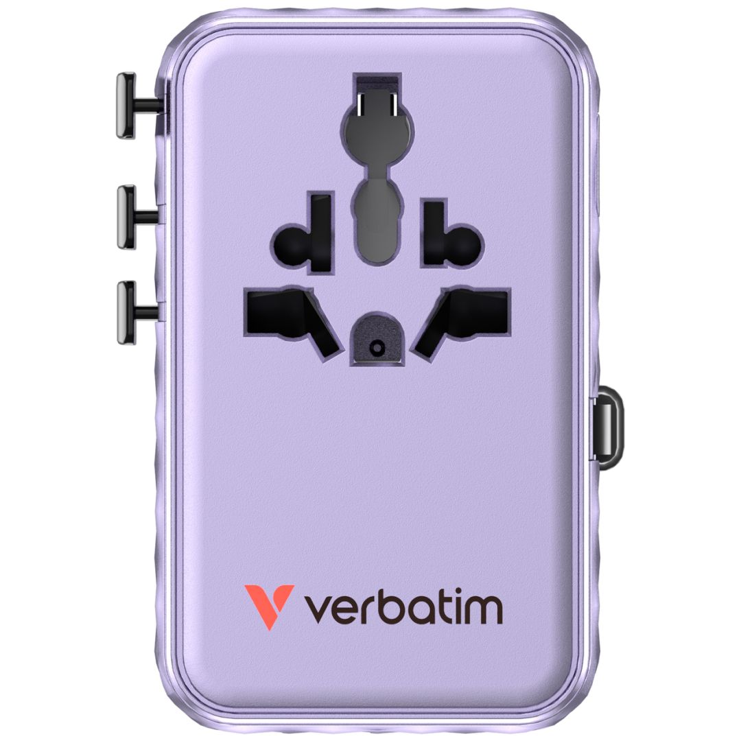 Verbatim Charge ''n'' Travel 100W GaN III Universal Travel Adapter with Retractable USB-C Cable Purple