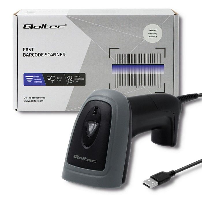 Qoltec Wired QR & Lézer vonalkódolvasó USB Black 