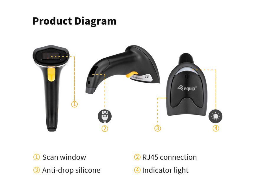 EQuip USB 1D Laser Barcode Scanner with Stand Vonalkódolvasó Black